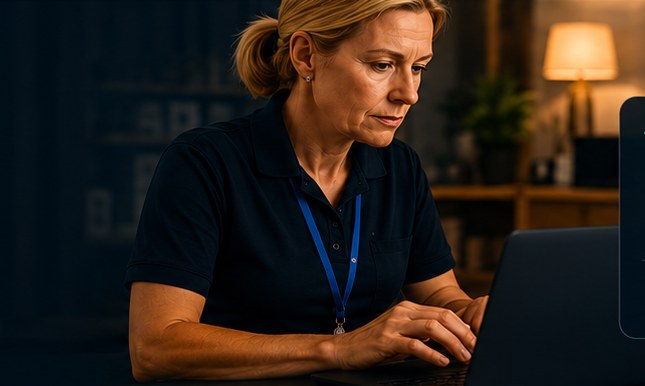 Care manager typing a question at a laptop